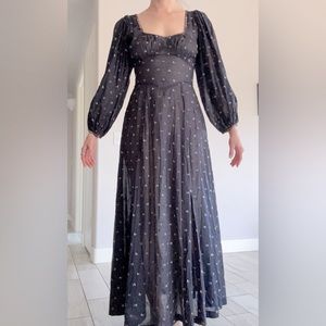 Rare DOEN embroidered dress, slightly sheer, dark navy, small, TTS, side zipper